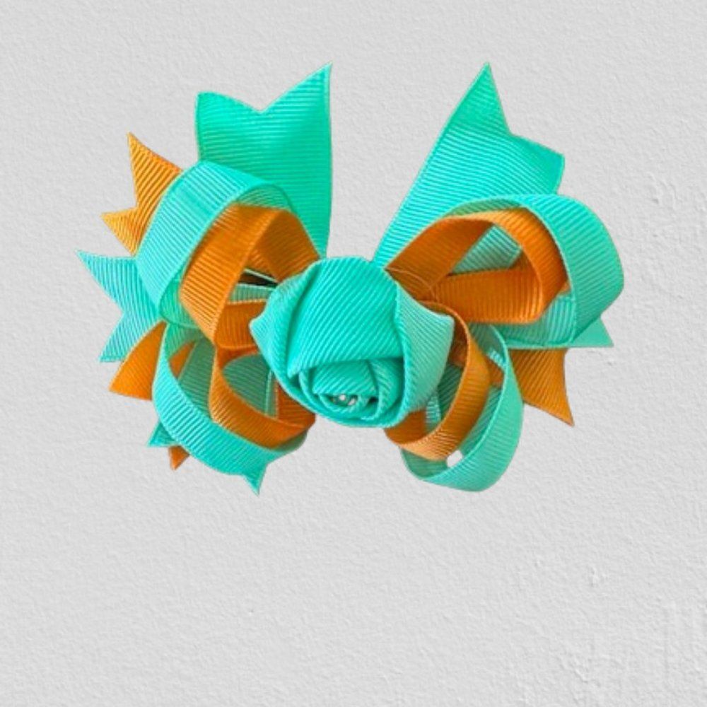 Orange & Mint Deluxe Bow w Rose Center 5B4504 Handmade Boutique